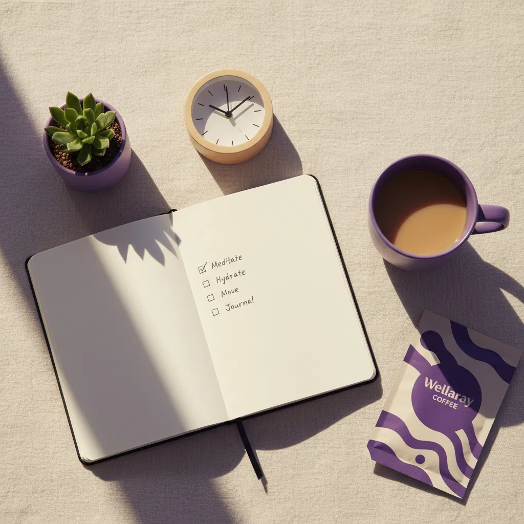 Morning wellness flat-lay: journal, mug, Wellaray Coffee sachet and small plant at 7am